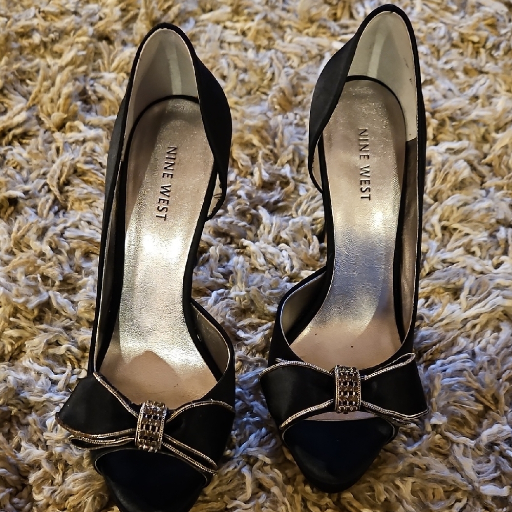 Nine West Black Heels with Silver Bow Detail